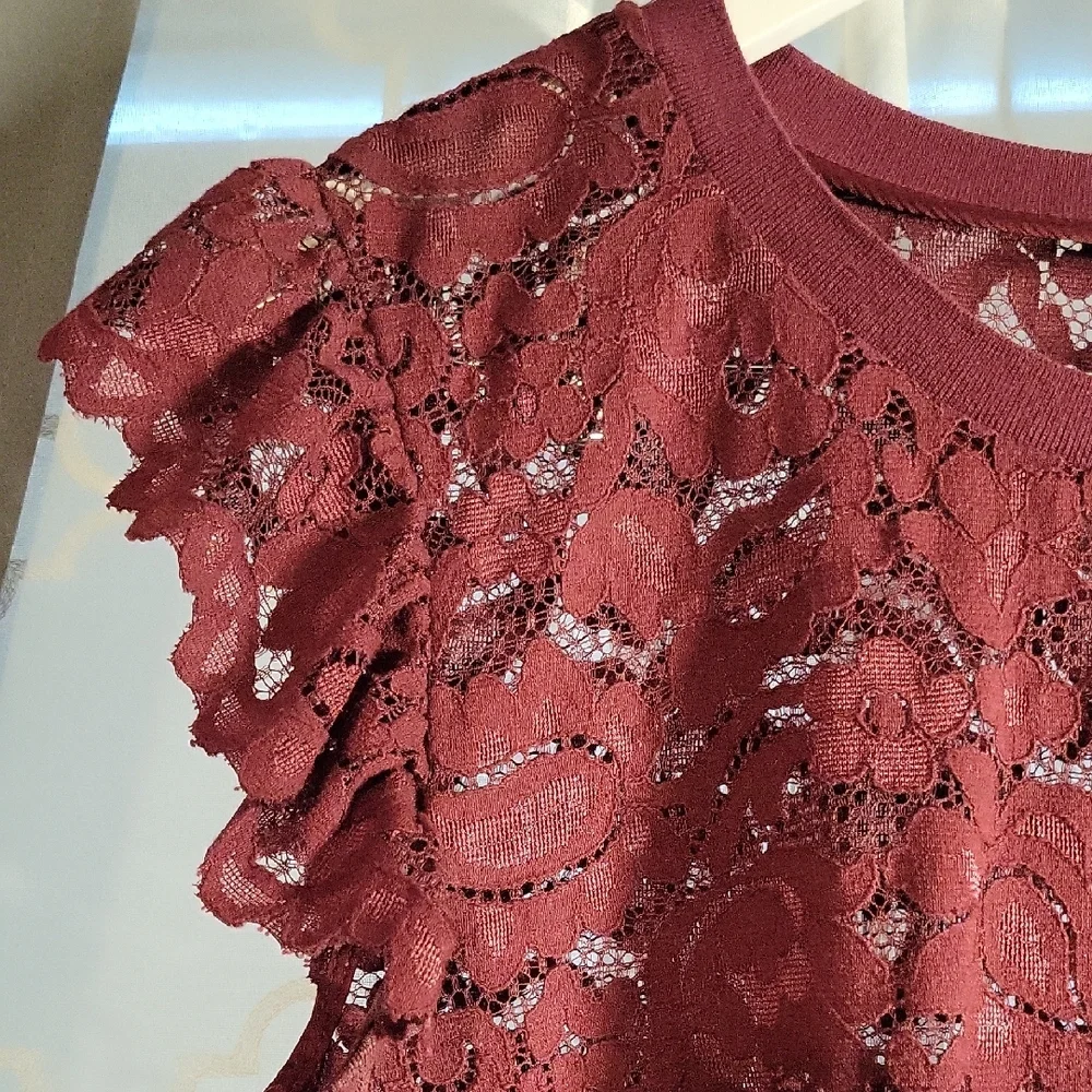 A New Day Wine Flutter Sleeve Ruffled Blouse - Picture 4 of 5